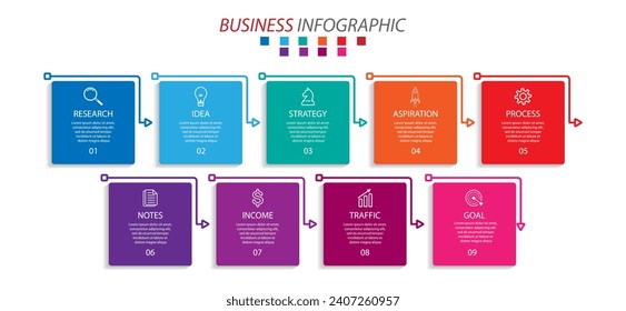 desain bisnis infografis 9 bagian atau langkah, terdapat icon, tex dan nomor, desain persegi penuh warna dengan garis warna yang saling berhubungan, untuk alur kerja diagram, banner dan bisnis anda