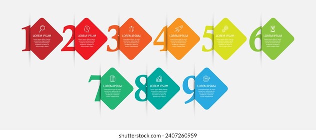 desain bisnis infografis 9 bagian atau langkah, terdapat icon, tex dan nomor, desain persegi penuh warna dengan garis warna yang saling berhubungan, untuk alur kerja diagram, banner dan bisnis anda