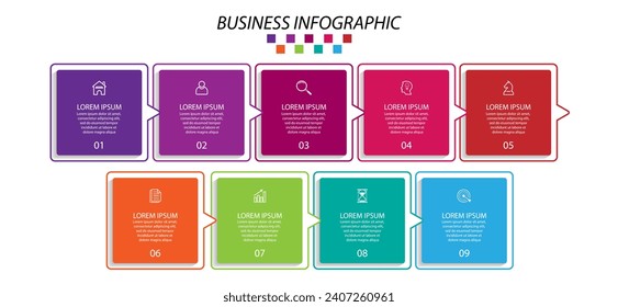 desain bisnis infografis 9 bagian atau langkah, terdapat icon, tex dan nomor, desain persegi penuh warna dengan garis warna yang saling berhubungan, untuk alur kerja diagram, banner dan bisnis anda