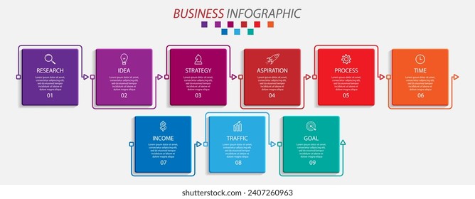 desain bisnis infografis 9 bagian atau langkah, terdapat icon, tex dan nomor, desain persegi penuh warna dengan garis warna yang saling berhubungan, untuk alur kerja diagram, banner dan bisnis anda