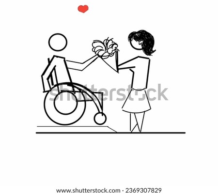 Desain ilustrasi kartun hitam putih seorang wanita yang memberikan bunga kepada seorang penyandang disabilitas di kursi roda.