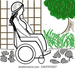 Desain ilustrasi seorang wanita berambut panjang dengan kupluk di kepalanya yang sedang duduk di kursi roda di sebuah taman.