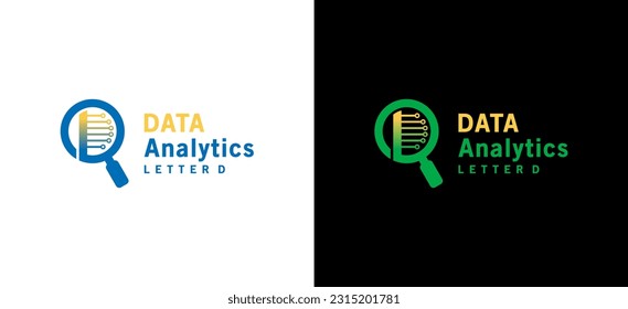 Desain logo analisis data dengan kaca pembesar berbentuk huruf D