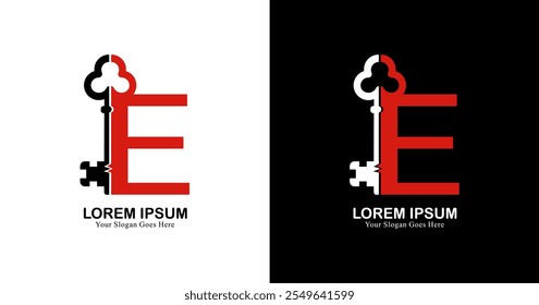 logotipo de desain huruf E yang dipadukan dengan kunci