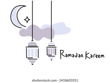 Desain poster seni garis Ramadhan Kareem dengan ilustrasi vektor masjid dan lampu lentera untuk acara festival puasa Islam