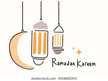 Desain poster seni garis Ramadhan Kareem dengan ilustrasi vektor masjid dan lampu lentera untuk acara festival puasa Islam