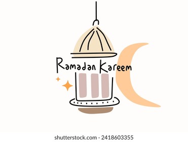 Desain poster seni garis Ramadhan Kareem dengan ilustrasi vektor masjid dan lampu lentera untuk acara festival puasa Islam