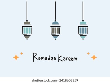 Desain poster seni garis Ramadhan Kareem dengan ilustrasi vektor masjid dan lampu lentera untuk acara festival puasa Islam