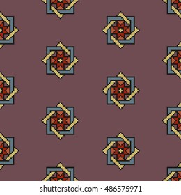 Desaturated earthen floral seamless stitching pattern on a brown background. Pixel art. Vector illustration
