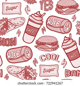 Desaturated fast food seamless pattern. Repeating background with sugar packs, canned beverages (carbonated drinks), chicken rolls, burgers, etc. Patches, badges, pins, stickers. 