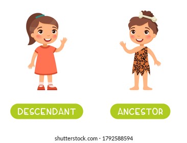 Plantilla vectorial de tarjeta de texto de antónimos descendientes y ancestros. Flashcard para el aprendizaje del inglés. Concepto opuesto. Una niña pequeña a imagen de un hombre antiguo, un niño moderno.