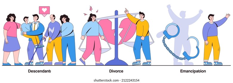 Descendant, divorce, emancipation concept with people character. Wife and husband break up vector illustration set. Marriage annulment, social rights, gender equality, society issues metaphor.