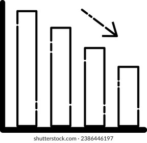 Ilustración vectorial del icono de gráfico de barras descendentes con estilo de línea punteada, color negro, sin fondo, adecuado para negocios, análisis, etc.