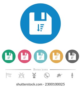 Descending file sort flat white icons on round color backgrounds. 6 bonus icons included.