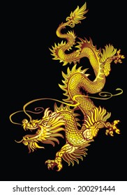 Descending gold oriental dragon on a black background