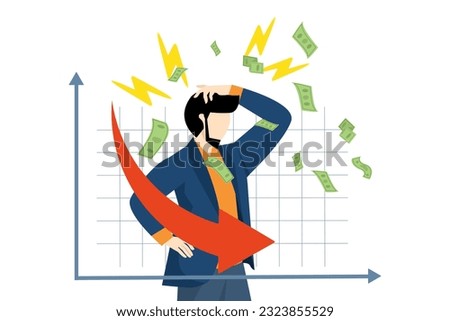 descending graph concept, inverted yield curve. government bonds, investments, monetary funds. What is an inverted yield curve. Stressed businessman looking at bottom graph. flat vector illustration.
