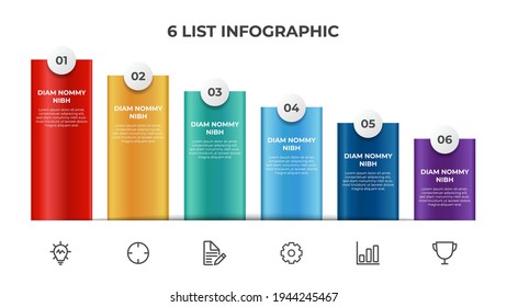 Descending list diagram with 6 points of steps, infographic element layout template vector