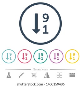 Descending numbered list flat color icons in round outlines. 6 bonus icons included.