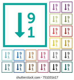 Descending numbered list flat color icons with quadrant frames on white background
