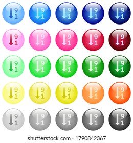 Descending numbered list icons in set of 25 color glossy spherical buttons