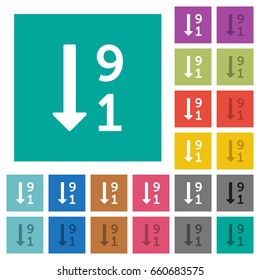 Descending numbered list multi colored flat icons on plain square backgrounds. Included white and darker icon variations for hover or active effects.