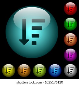 Descending ordered list mode icons in color illuminated spherical glass buttons on black background. Can be used to black or dark templates