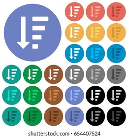 Descending ordered list mode multi colored flat icons on round backgrounds. Included white, light and dark icon variations for hover and active status effects, and bonus shades on black backgounds.