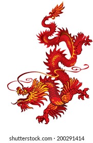 Descending red oriental dragon on a white background