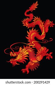 Descending red oriental dragon on a black background