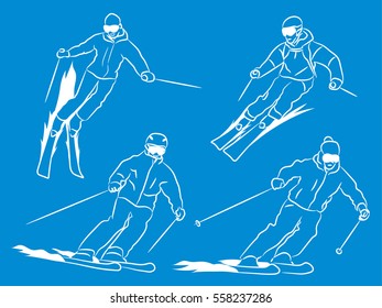 The descent from the mountain on skis. Set of different poses. Vector image on a blue background.