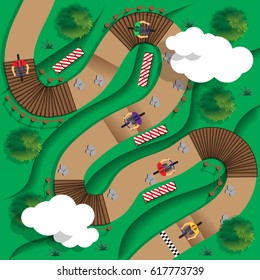 The descent from the mountains on a bike. View from above. Vector illustration.