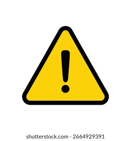 Describe the image concisely. It's a warning sign, yellow triangle, black border, black exclamation mark.
