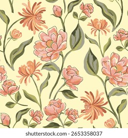 It is described as a vintage-style illustration featuring small pink and red peony flowers with green leaves, suitable for fabric, textile, or wallpaper. 