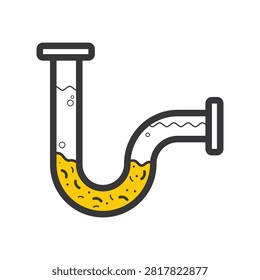 Description (18 words):
Isolated plumbing pipe pictogram showing clogged bend with sediment buildup indicating blocked drain and repair maintenance services
