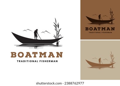 Description: "A tranquil scene of a man peacefully navigating a boat through a body of water surrounded by calming reeds. Perfect for advertisements or designs promoting relaxation, nature
