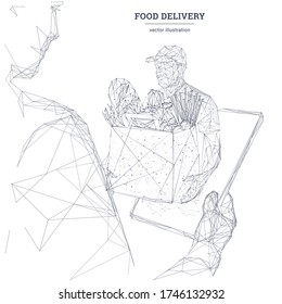  Description: Abstract person holding tablet with delivery man and grocery bag on screen. Food delivery app or online grocery shopping concept isolated in white. Polygonal vector hand drawing with con