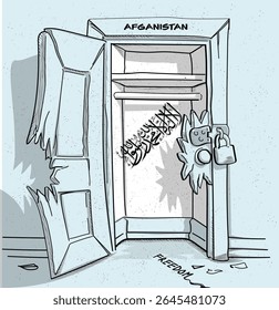 Description: Afghanistan's path to freedom. A political illustration of a broken but locked door with the national flag. A metaphor for struggle and hope.