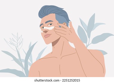 Description; Beautiful young man applied the cream to his face, after shaving, workout, Shirtless torso, with leaves plants background, 
organic cosmetic skin care banner. Vector design illustration.