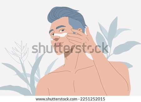 Description; Beautiful young man applied the cream to his face, after shaving, workout, Shirtless torso, with leaves plants background, 
organic cosmetic skin care banner. Vector design illustration.