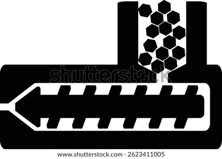 Description: Black vector icon of injection molding machine used in modern industrial and smart factory systems.