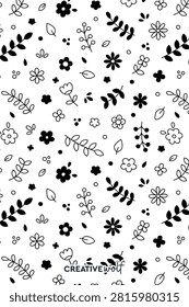 **Description:**

A charming seamless minimalist floral pattern featuring hand-drawn flowers, leafy branches, berries, and botanical doodles arranged in a light and balanced all-over composition. The design is rendered in classic black and white, combining solid floral silhouettes with delicate outline illustrations to create a clean Scandinavian-inspired aesthetic. Its simple line art, playful botanical motifs, and spacious layout offer a fresh, modern look suitable for a wide range of creative applications. Perfect for dresses, shirts, blouses, children's clothing, baby apparel, sleepwear, bedding, cushions, wallpapers, quilting fabrics, gift wrapping, stationery, notebooks, digital prints, and various surface pattern design projects. Its timeless monochrome palette, minimalist botanical style, and versatile seamless composition make this pattern an excellent choice for contemporary fashion, nursery collections, modern home décor, and premium textile designs.
