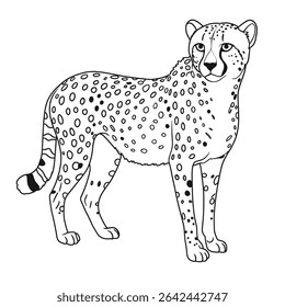 Description :
A cheetah stands gracefully with detailed spots across its body in a lush grassy field. The illustration captures the animal's elegance and the natural environment surrounding it.