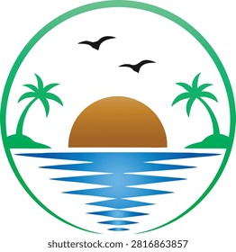 Description:
Circular badge logo with green thin outline border, brown half sun setting on horizon between two green palm trees on small islands, two black seagulls flying above, blue geometric zigzag reflection of water