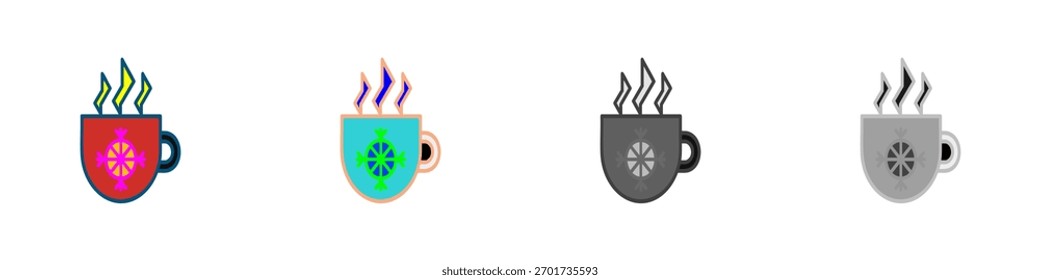 - Descrição: coleção 4 vetor caneca vermelha com design floco de neve, bebida quente vapor, perfeito para temas de inverno e férias.