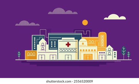 Description: A colorful vector illustration of a cityscape featuring hospitals, residential buildings, and trees against a vibrant purple background. Ideal for urban, healthcare, and architectural the