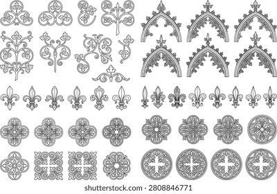 Description: A comprehensive collection of intricate Gothic architectural motifs and medieval ornaments in clean vector line art format. These versatile elements are perfect for laser cutting, CNC engraving, architectural visualization, and vintage-style graphic design.
