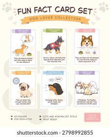 Description
Creative Dog Fun Fact Cards Set Part 5 featuring engaging and educational dog facts in a clean, attractive card design. Perfect for pet lovers, dog owners, teachers, students, animal education resources, printable learning materials, social media content, and pet-themed projects.
