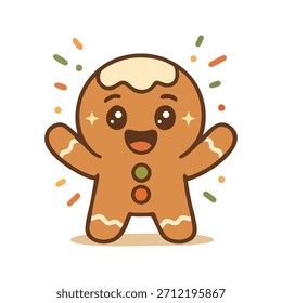 Description: A cute, smiling gingerbread man character with colorful buttons and festive sprinkles on a white background.
