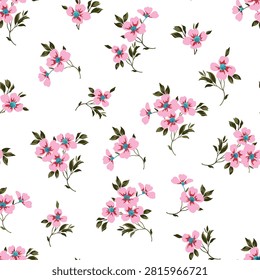 **Description:**

A delightful seamless floral pattern featuring scattered clusters of soft pink blossoms with vibrant turquoise-blue centers, complemented by elegant olive green leaves on a clean white background. The balanced floral placement creates a light, fresh, and airy composition with a timeless vintage-inspired appeal. The simple yet elegant botanical arrangement makes this seamless design ideal for spring and summer fashion collections. Perfect for dresses, kurtis, blouses, shirts, skirts, scarves, sleepwear, children's apparel, baby clothing, quilting fabrics, bedding, cushions, wallpapers, gift wrapping, stationery, and a wide range of surface pattern design applications. Its soft pastel palette, crisp white background, and charming floral motifs make it a versatile choice for both modern and classic textile designs.

