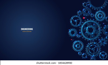 Descripción: Marcas 3d de polígono bajo digital. Perros y mecanismos de rueda de engranajes en azul oscuro. Concepto de ingeniería o tecnología mecánica. Ilustración de malla vectorial abstracta con puntos, líneas, estrellas y brillo